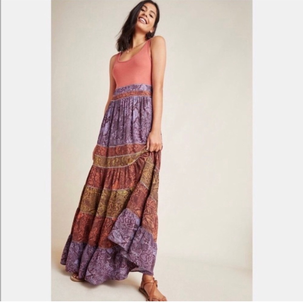 ANTHROPOLIGIE Size XS Colima Tank Tiered Maxi Dress Boho Snake Print Multicolor